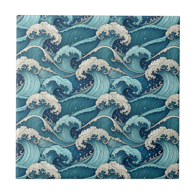 Blue Ocean Waves Tropical Summer Japanese Pattern Tile (Front)