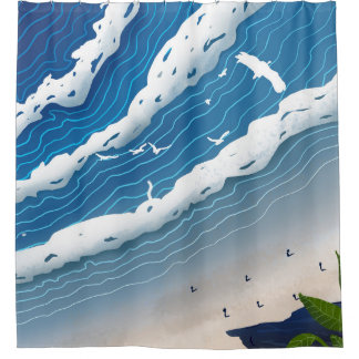 Blue Ocean Waves Wall Art 🌊 Minimal Coastal Sky P Shower Curtain