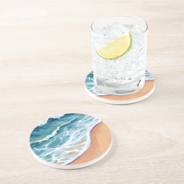Blue Ocean Waves Watercolor Coaster (Side)