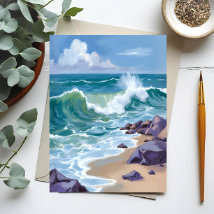 Blue Ocean Waves Watercolor Painting Postcard