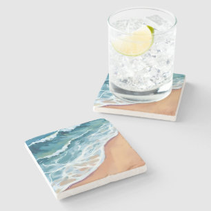 Blue Ocean Waves Watercolor Stone Coaster
