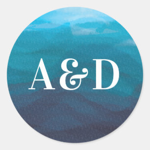 Blue Ocean Waves Watercolor Wedding Sticker, Classic Round Sticker