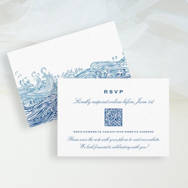 Blue Ocean Waves Wedding Online RSVP QR Code Enclosure Card (Blue Ocean Waves wedding QR Code RSVP insert card from Concertina Press)