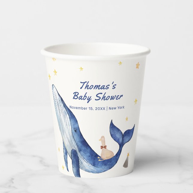 Blue Ocean Whimsical Duck Stars Whale Baby Shower Paper Cups (Front)
