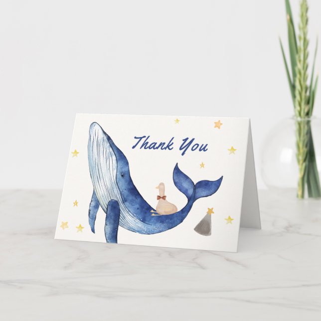 Blue Ocean Whimsical Duck Stars Whale Baby Shower Thank You Card (Front)