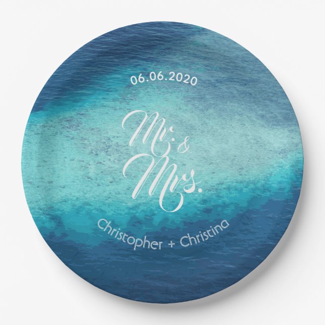 Blue Ocean White Sand Beach Wedding Custom Paper Plate (Front)