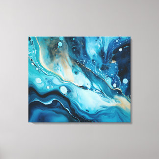 Blue Ocean with Gold Swirl Acrylic Paint Pour Canvas Print