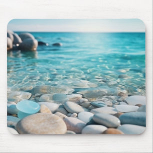 Blue Ocean with Sea Glass and Stones on Beach Mouse Mat