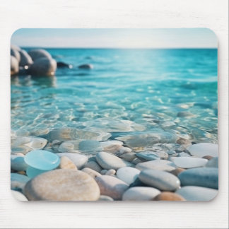 Blue Ocean with Sea Glass and Stones on Beach Mouse Mat