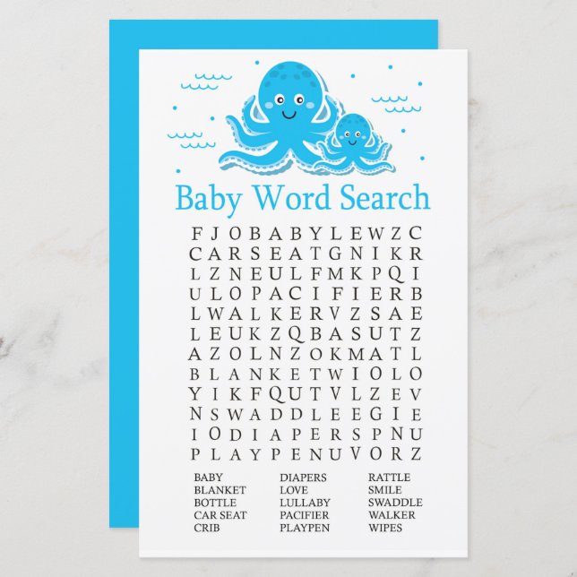 Blue Octopus Baby Shower Word Search Game (Front/Back)