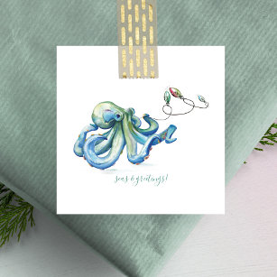 Blue Octopus Beachy Mini Christmas Watercolor  Card