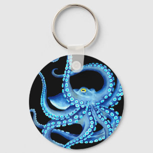 Blue Octopus Black Key Ring