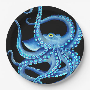 Blue Octopus Black Paper Plate