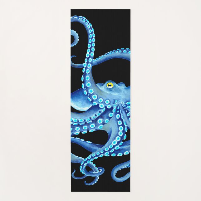Blue Octopus Black Yoga Mat (Front)