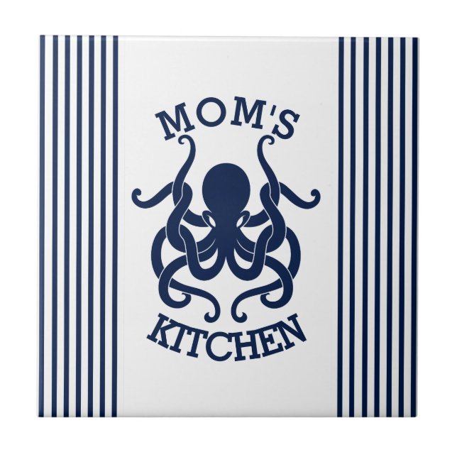Blue Octopus & Blue & White Stripes Tile (Front)