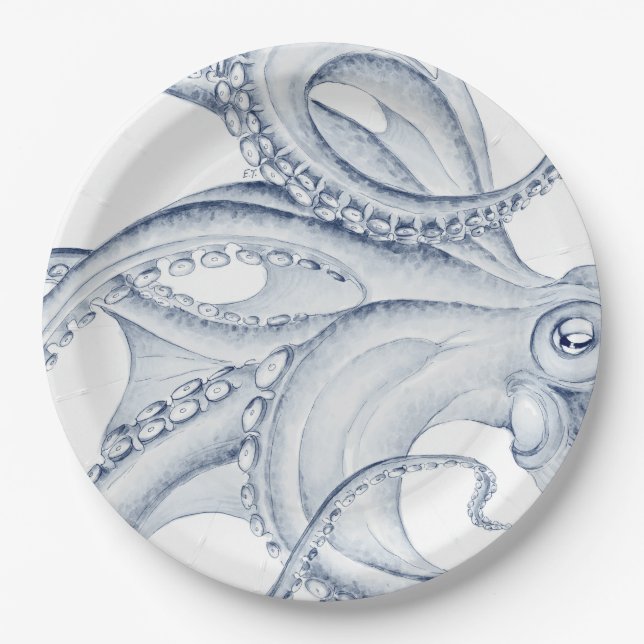 Blue Octopus Cephalopod Kraken Ink Paper Plate (Front)