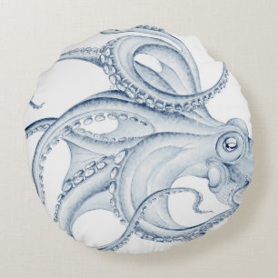 Blue Octopus Cephalopod Kraken Ink Round Cushion