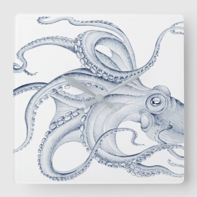 Blue Octopus Cephalopod Kraken Ink Square Wall Clock (Front)