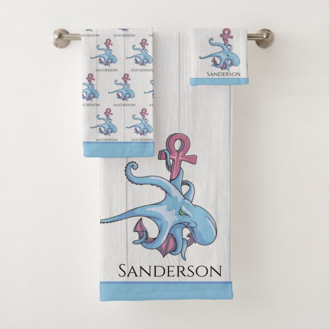  Blue Octopus Coastal White Wood  Nautical Bath Towel Set (Insitu)