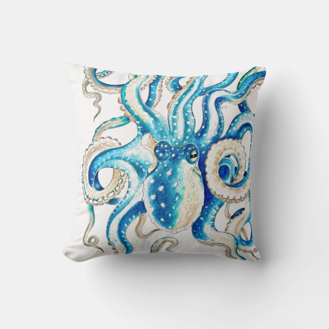 Blue Octopus Comic Style Cushion (Front)