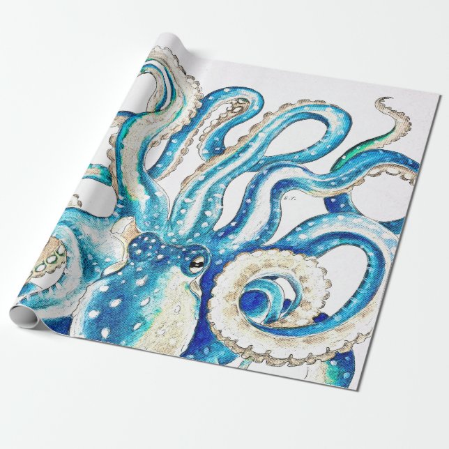 Blue Octopus Comic Style Wrapping Paper (Unrolled)