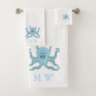 Blue Octopus Design Monogrammed Bath Towel Set