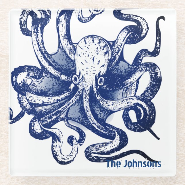 Blue Octopus Glass Coaster (Front)