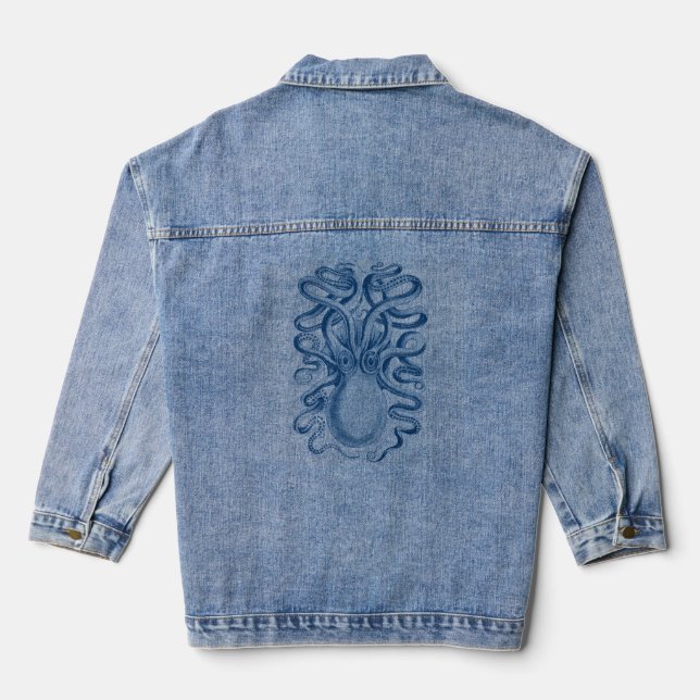 Blue Octopus Graphic Vintage Drawing Denim Jacket (Back)