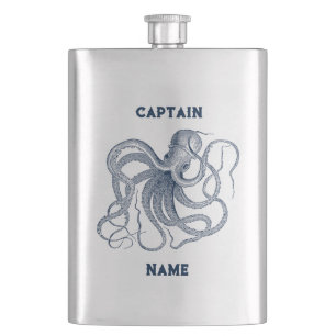 Blue octopus illustration custom name and captain hip flask