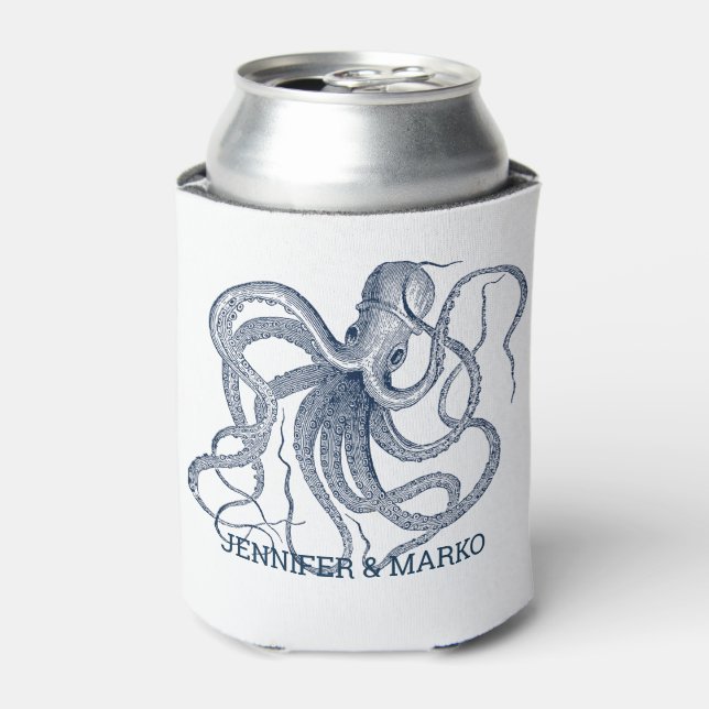Blue octopus illustration with a custom monogram can cooler (Can Front)