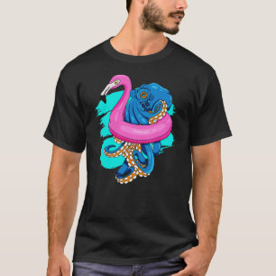 Blue Octopus In Pink Flamingo Swimming Pool Fun Oc T-Shirt