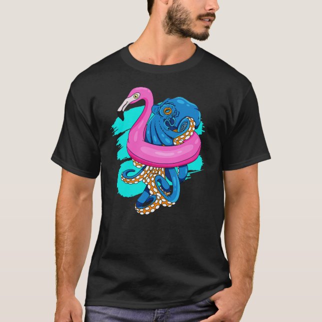 Blue Octopus In Pink Flamingo Swimming Pool Fun Oc T-Shirt (Front)