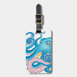Blue Octopus Kraken Orange Pink Watercolor Luggage Tag