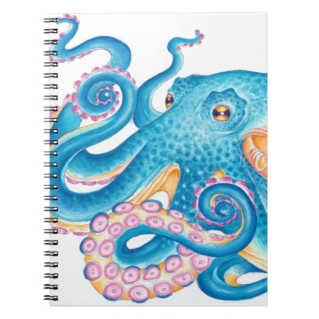 Blue Octopus Kraken Orange Pink Watercolor Notebook (Front)