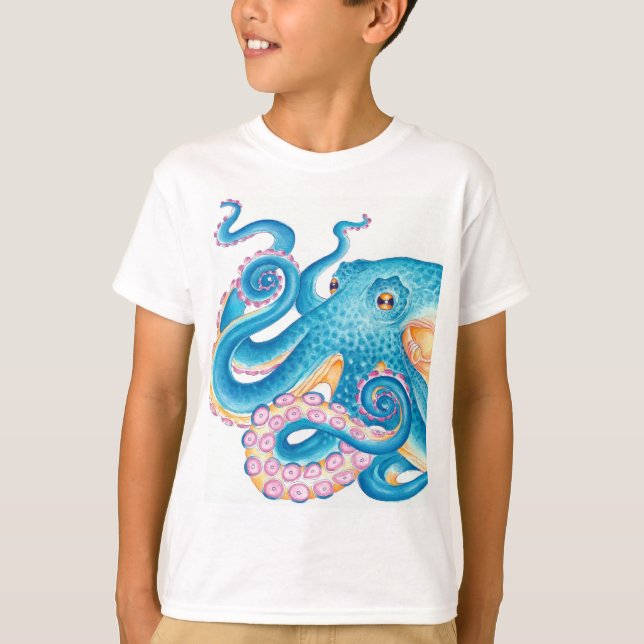 Blue Octopus Kraken Orange Pink Watercolor T-Shirt (Front)