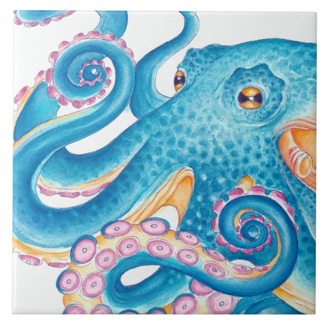 Blue Octopus Kraken Orange Pink Watercolor Tile (Front)