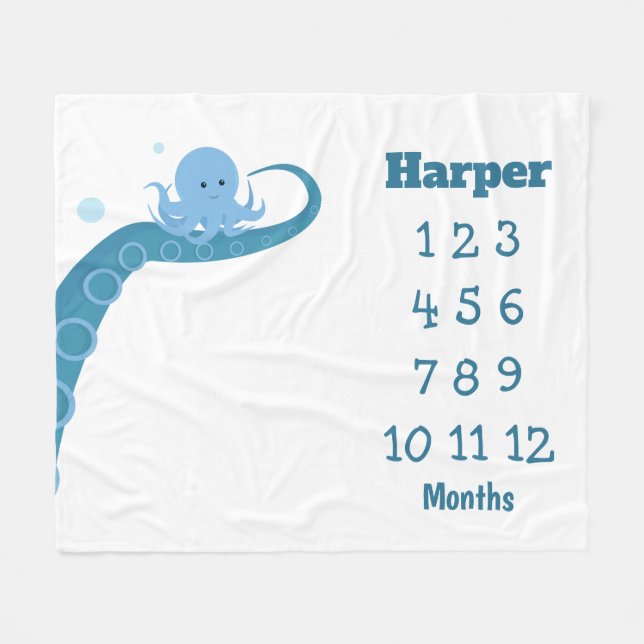 Blue Octopus Name Milestone Fleece Blanket (Front (Horizontal))