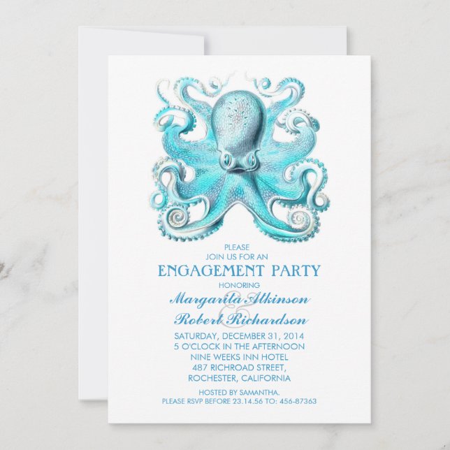 blue octopus nautical beach engagement party invitation (Front)