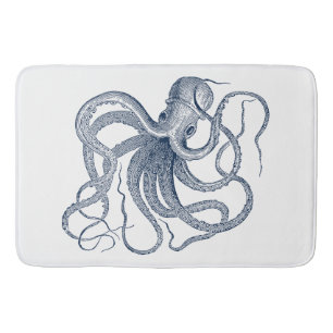 Blue octopus nautical illustration bath mat