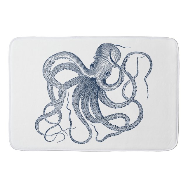Blue octopus nautical illustration bath mat (Front)