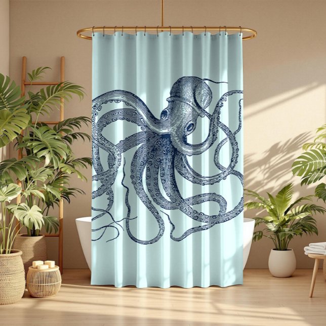 Blue octopus nautical illustration on light green shower curtain (Creator Uploaded)