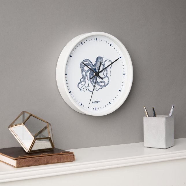 Blue octopus on a white background clock (Office)