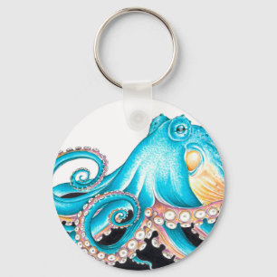 Blue Octopus On White Ink Key Ring