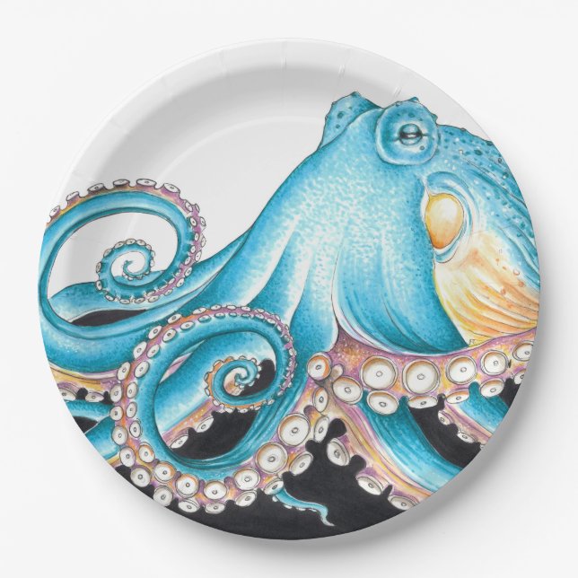 Blue Octopus On White Ink Paper Plate (Front)