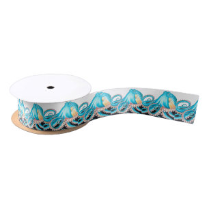 Blue Octopus On White Ink Satin Ribbon