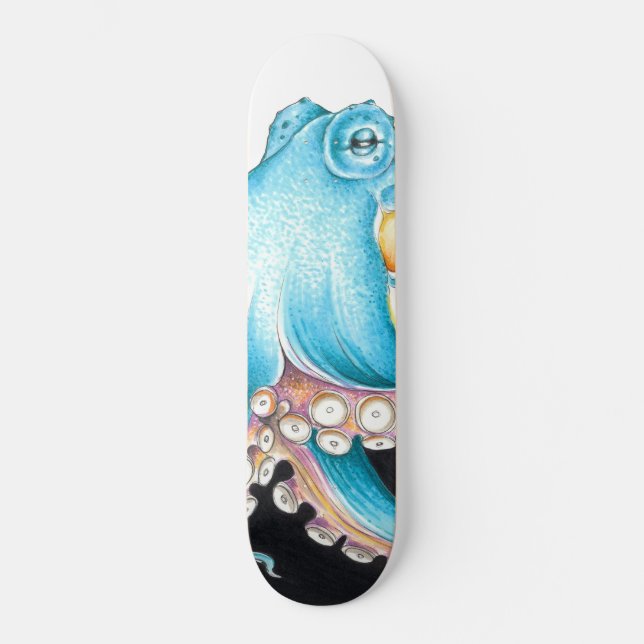Blue Octopus On White Ink Skateboard (Front)