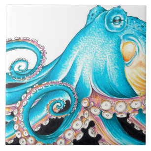 Blue Octopus On White Ink Tile