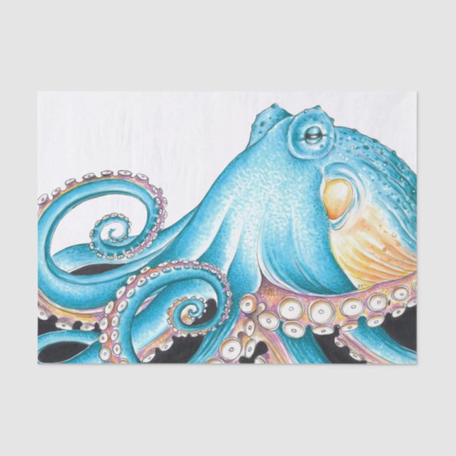 Blue Octopus On White Ink Tissue Paper (Front)