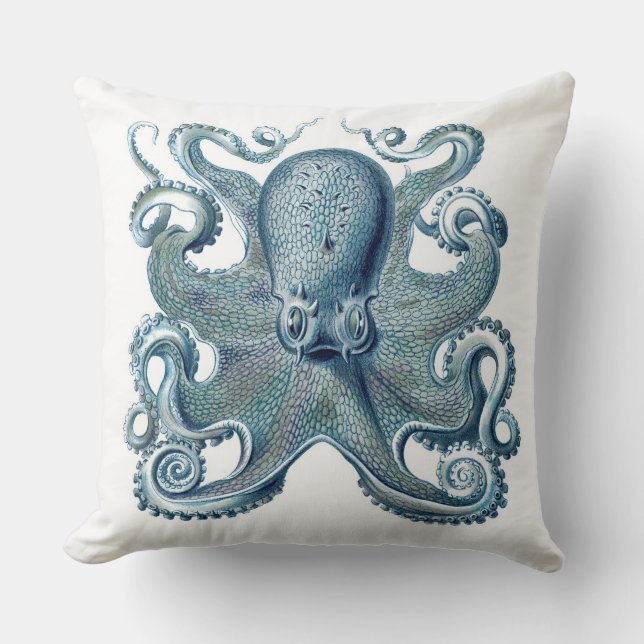 Blue Octopus on White, Nautical Throw Pillow (Front)
