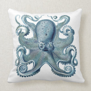 Blue Octopus on White, Nautical Throw Pillow